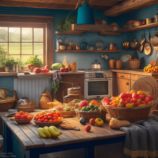 A warm and inviting illustration of a cozy cottage with a bustling kitchen, surrounded by baskets of fresh fruits and baked goods, with a few entrepreneurial tools like laptops and notebooks subtly integrated.