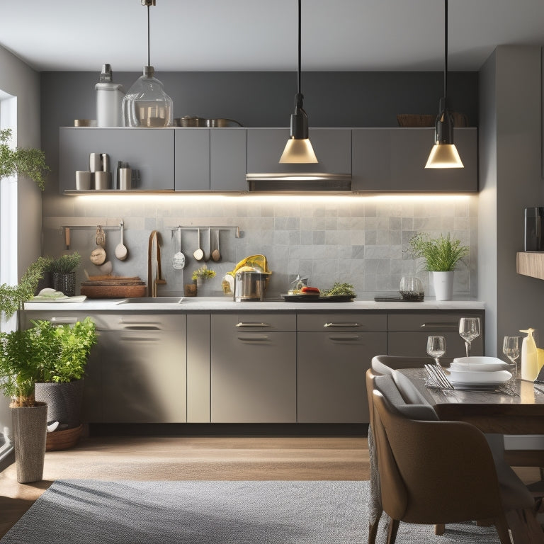 A sleek, modern kitchen with spotless countertops, a few strategically-placed decorative items, and a wall-mounted rail system holding utensils and spices, illuminated by soft, warm lighting.