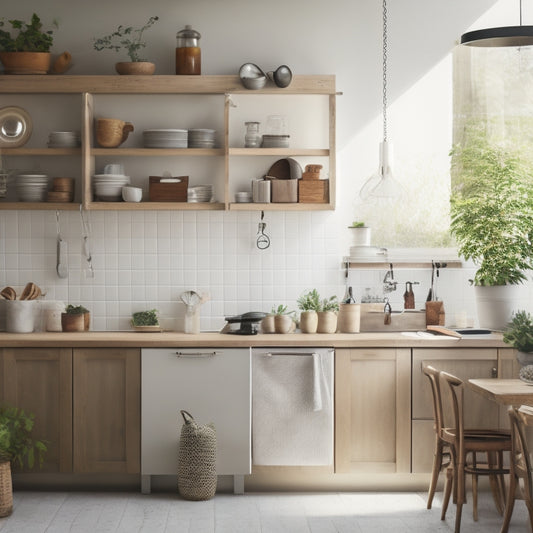 A serene kitchen with a minimalist aesthetic, featuring a tidy island with a few neatly arranged cookbooks, a small potted plant, and a few utensils hung on a pegboard, surrounded by warm natural light.