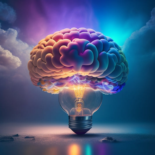 A futuristic, glowing brain surrounded by swirling clouds of colorful, interconnected thought bubbles, with gears, lightbulbs, and sparks radiating from the center, symbolizing innovative idea generation.