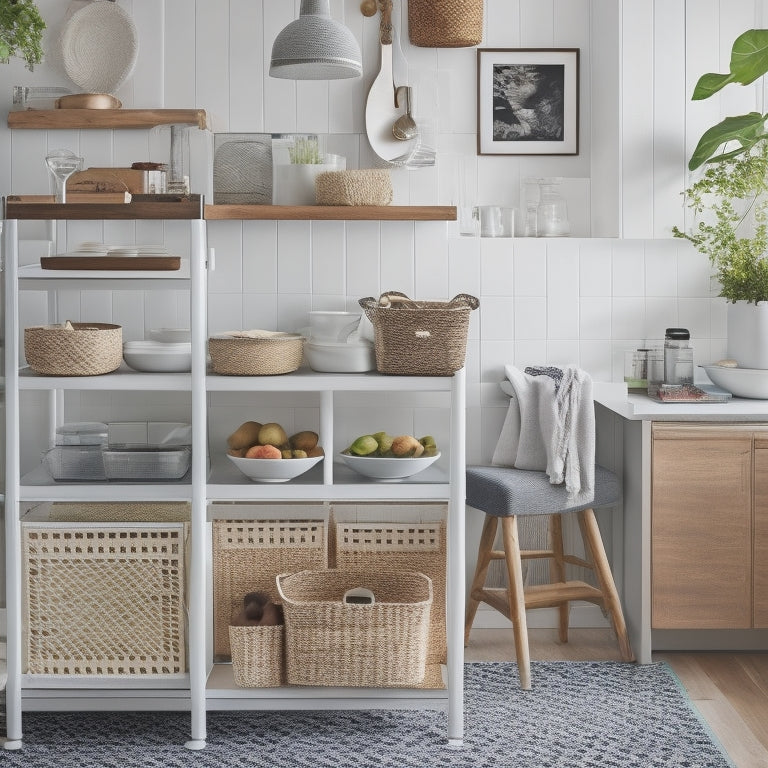 A clutter-free kitchen countertop with repurposed IKEA units, featuring a hacked KALLAX shelving unit with woven baskets, a RASKOG cart with utensil holders, and a SKUBB tray organizer.