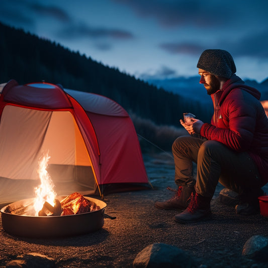 A dramatic, nighttime camping scene with a tent, campfire, and cooking gear, featuring a person in a hoodie meticulously inspecting a raw chicken breast under a red headlamp's glow.