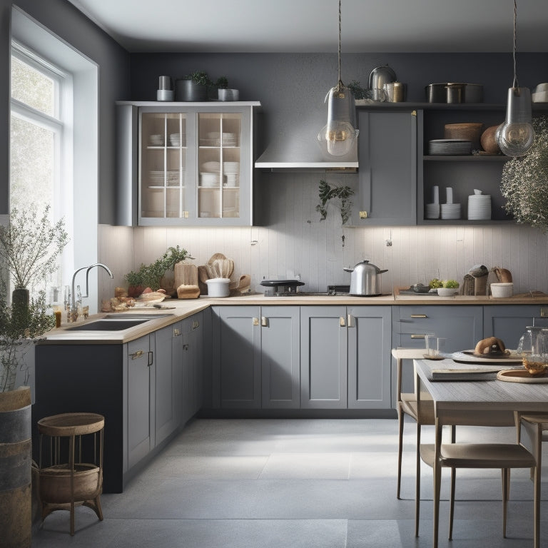 A serene, well-lit kitchen with a minimalist aesthetic, featuring a sleek island with built-in drawers, a pegboard with neatly organized utensils, and a few, carefully selected decorative pieces.