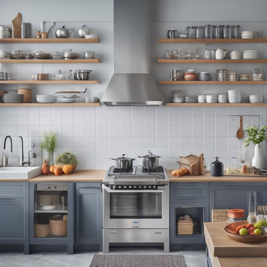 A modern kitchen with sleek countertops, a large island, and a cooktop with a pot filler faucet, surrounded by organized utensils, cookbooks, and a pegboard with frequently used items.