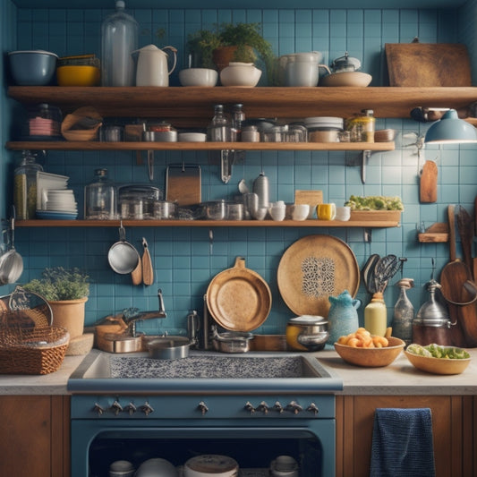 A cluttered small kitchen with a messy countertop, dirty dishes piled in the sink, and utensils scattered everywhere, contrasted with a tidy and organized kitchen with sleek, space-saving cabinetry and a utensil-filled pegboard.