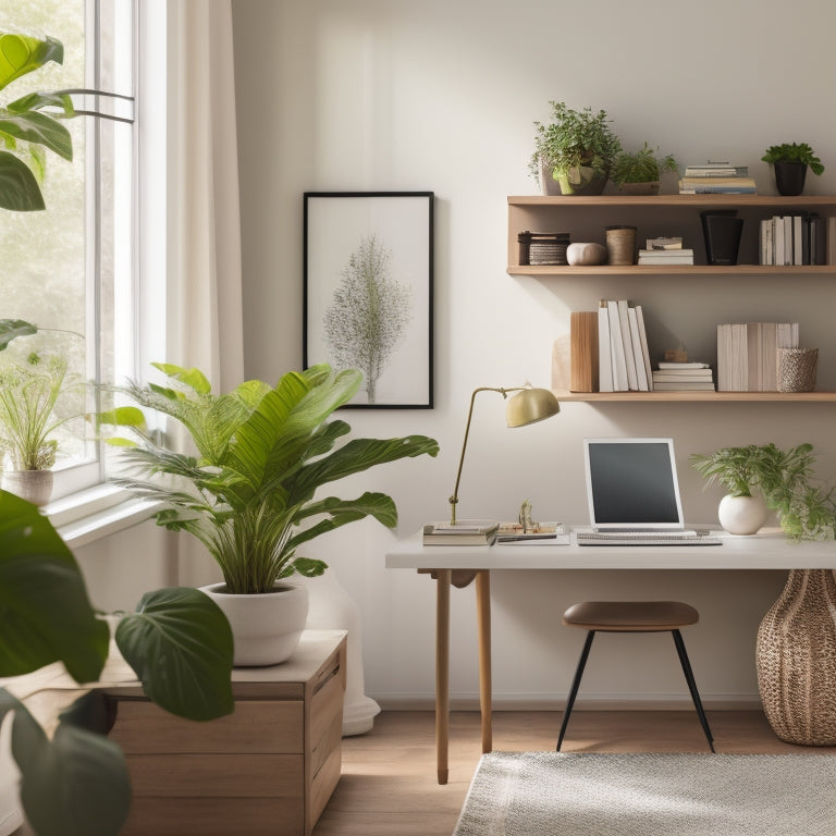 A serene, well-organized home office with a minimalist desk, a few choice books on a sleek shelf, and a few potted plants, set against a soft, creamy background.