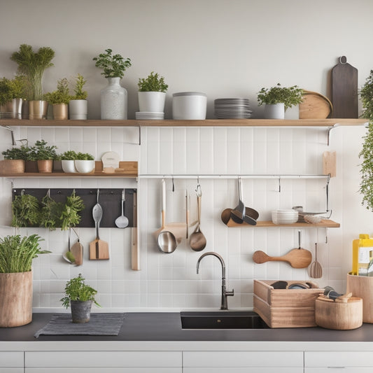 A tidy, minimalist kitchen with a compact island, wall-mounted utensil holders, and a pegboard displaying chef's tools, surrounded by sleek, handle-less cabinets and a few potted herbs on a narrow windowsill.