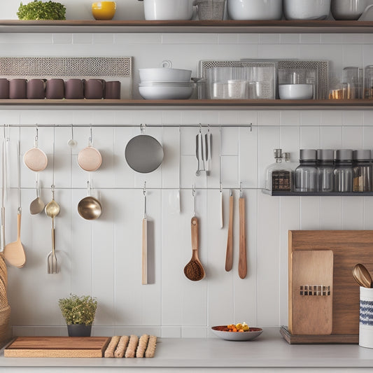 A sleek, modern kitchen with optimized storage: a wall-mounted pegboard with hanging utensils, a pull-out spice rack, and a corner carousel with stacked cookbooks and bowls.