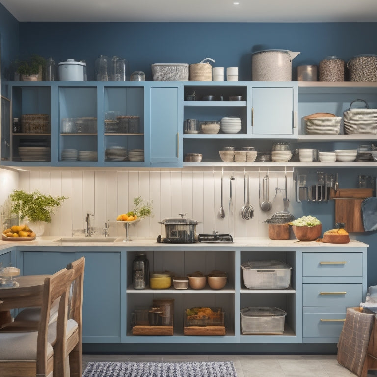 A tidy, modern kitchen with a corner cabinet featuring retractable shelves, Lazy Susan turntables, and adjustable storage baskets, illuminated by soft, warm lighting, with a few cookbooks and utensils neatly organized.