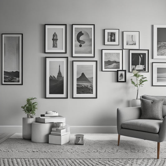 A minimalist living room with a large, eclectic gallery wall featuring 15-20 frames of varying shapes, sizes, and styles, showcasing a mix of black and white photographs, abstract art, and vintage prints.