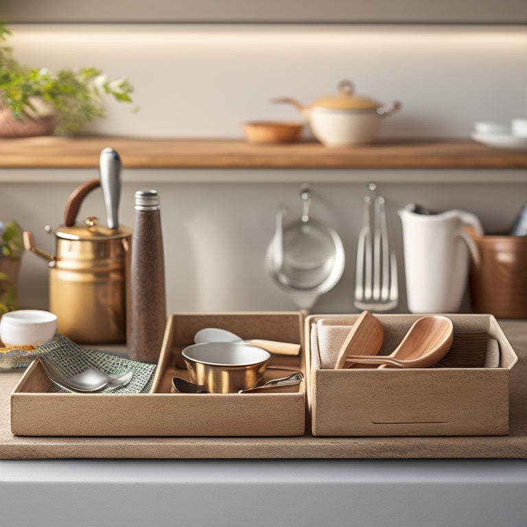 A tidy kitchen drawer with soft, warm light, containing neatly organized utensils, a few cookbooks, and a small decorative ceramic vase, all arranged in a visually appealing manner.