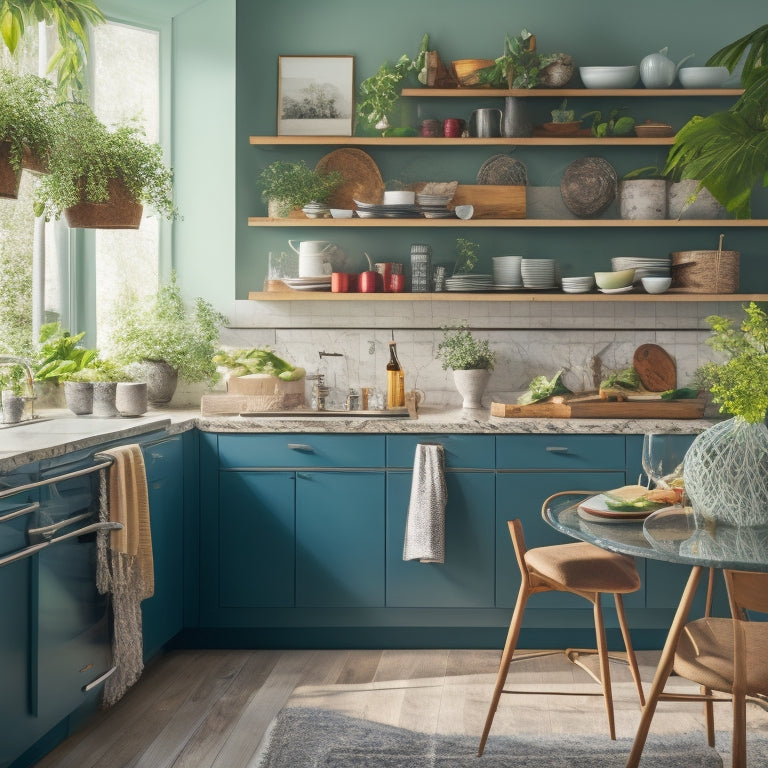 A bright, modern, compact kitchen with sleek countertops, a small island, and a few select cookbooks on a shelf, surrounded by lush greenery and a few cooking utensils, in a warm, inviting color scheme.