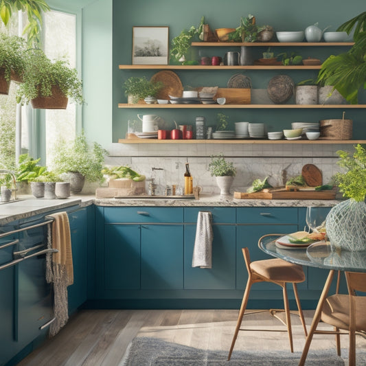 A bright, modern, compact kitchen with sleek countertops, a small island, and a few select cookbooks on a shelf, surrounded by lush greenery and a few cooking utensils, in a warm, inviting color scheme.