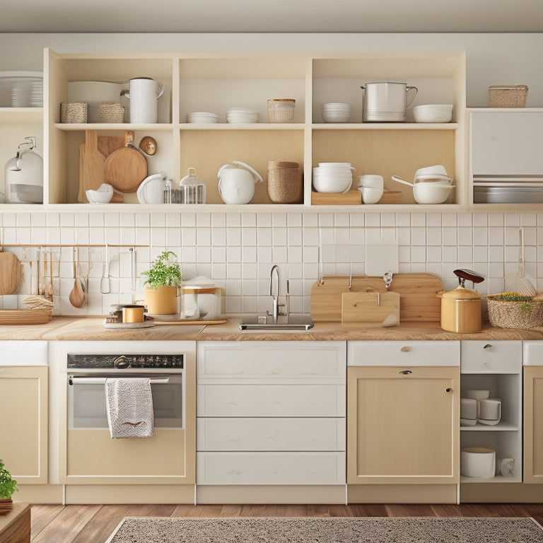 A tidy kitchen with cream-colored cabinets, showcasing a pull-out pot and pan organizer with dividers, a hanging utensil holder, and a Lazy Susan turntable for easy access.