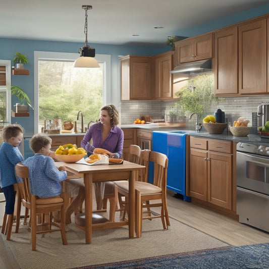 A bright, modern kitchen with warm wood cabinets, featuring a combination of pull-out drawers, adjustable shelves, and basket inserts, surrounded by a busy family of four in the background.