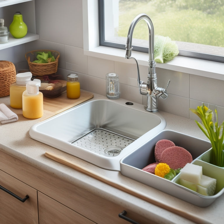 A kitchen sink with a sleek, modern organizer installed, featuring separate compartments for soap, sponges, and scrubbers, surrounded by gleaming faucet and countertops, in a warm, natural light setting.