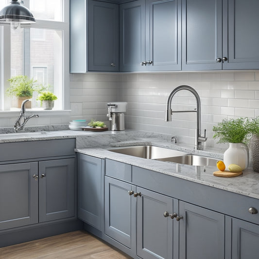 A modern kitchen sink area with sleek, gray cabinets, stainless steel faucet, and a newly installed under-sink organizer featuring adjustable shelves, a slide-out trash can, and a soap dispenser.