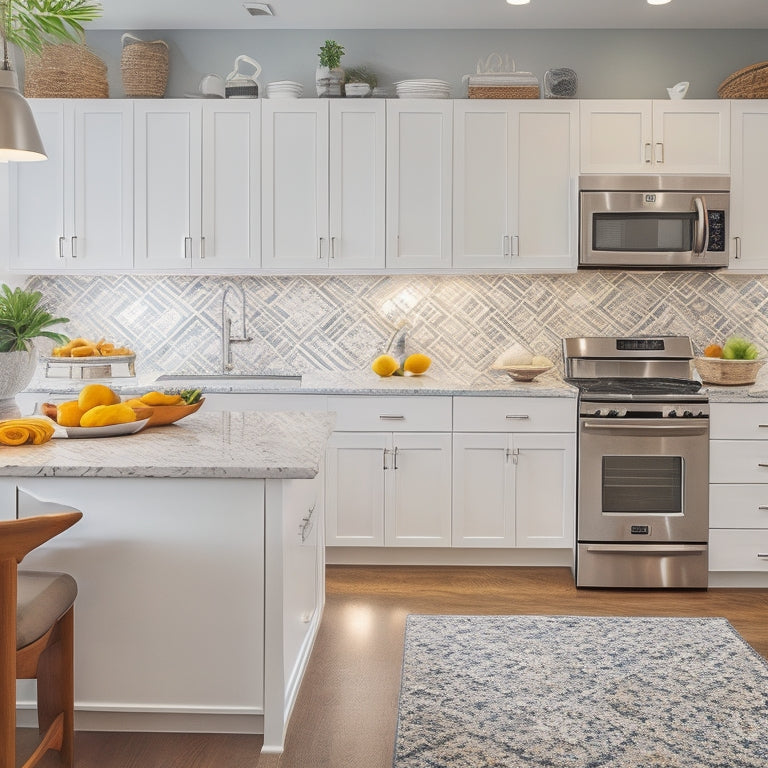 A bright, modern kitchen with sleek white cabinets, stainless steel appliances, and a large island in the center, featuring a utensil organizer, a built-in trash can, and a geometric-patterned backsplash.