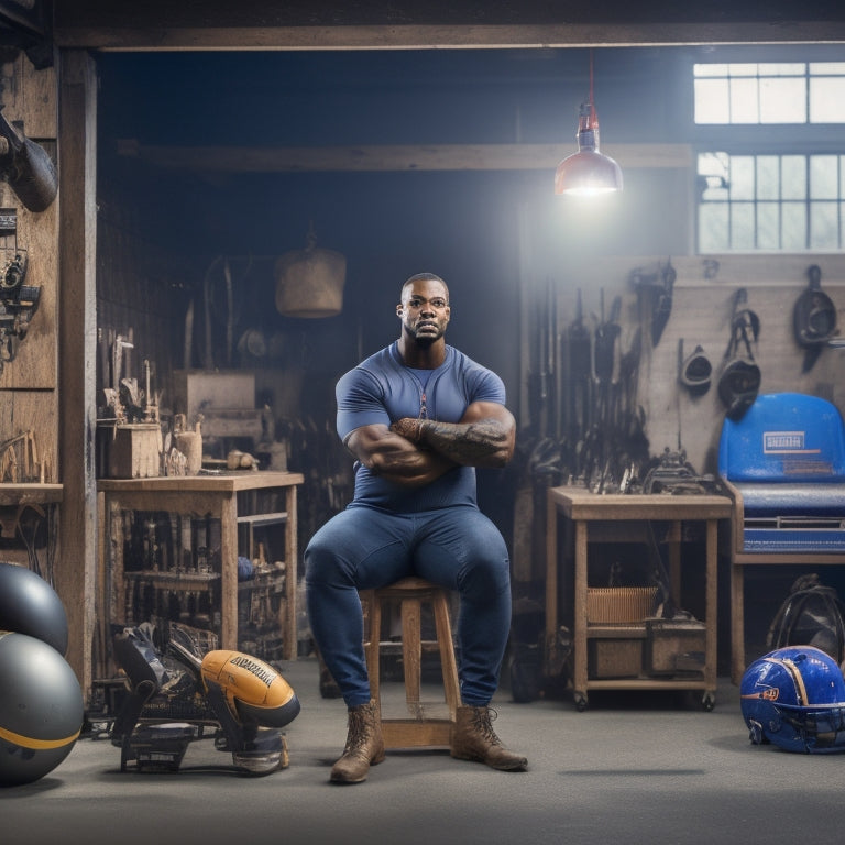 A former NFL player, dressed in casual athletic wear, stands in a garage or workshop surrounded by various tools and equipment, holding a football-shaped drill bit, with a cleverly designed drill station in the background.