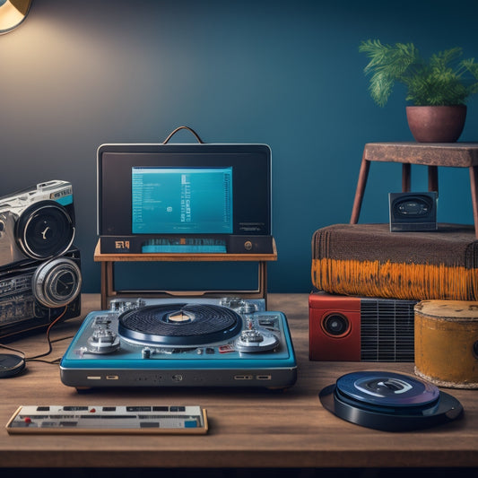 An abstract composition featuring a vintage radio, cassette tape, vinyl record, and film reel in the background, gradually transitioning into modern devices like smartphones, laptops, and tablets in the foreground.