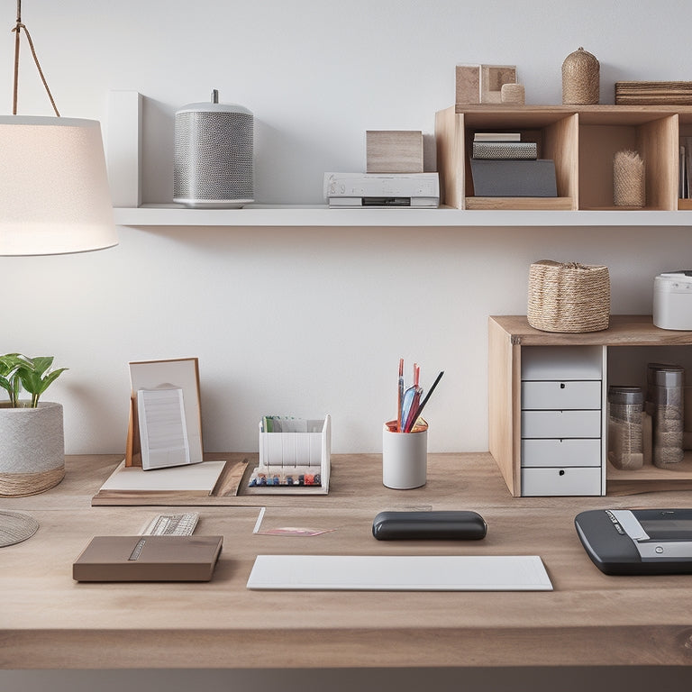 A tidy, minimalist workspace with a rotating desk organizer, a set of stackable storage bins, a cordless label maker, and a few neatly arranged office supplies on a reclaimed wood shelf.