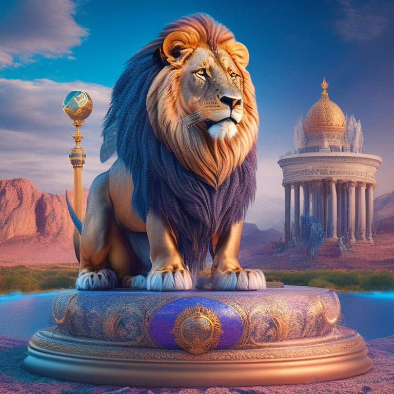 An illustration featuring a majestic lion (symbolizing Strimzi) standing triumphantly on a Kubernetes-shaped pedestal, surrounded by swirling Apache Kafka streams and microservice nodes in a vibrant, futuristic landscape.