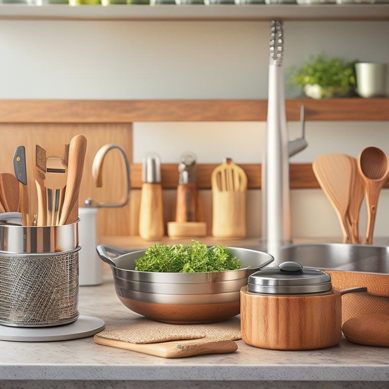 A tidy kitchen countertop with a wooden utensil organizer in the background, featuring a sleek, silver pot lid rack with 5-7 lids of varying sizes neatly stacked and angled.