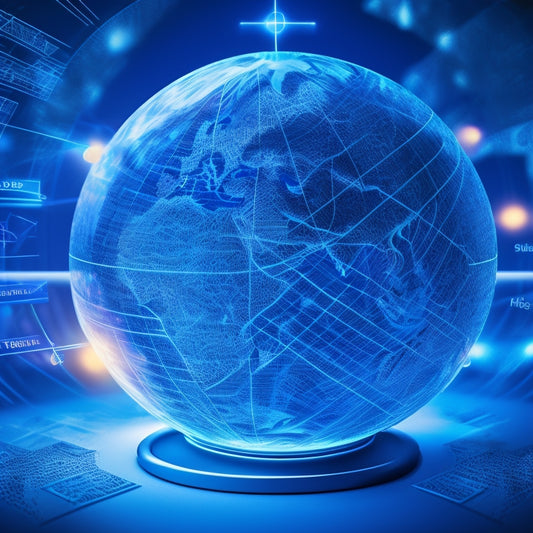 A stylized illustration of a globe with glowing blue lines and nodes, surrounded by rising arrows and magnifying glasses, symbolizing expanded online presence and visibility.