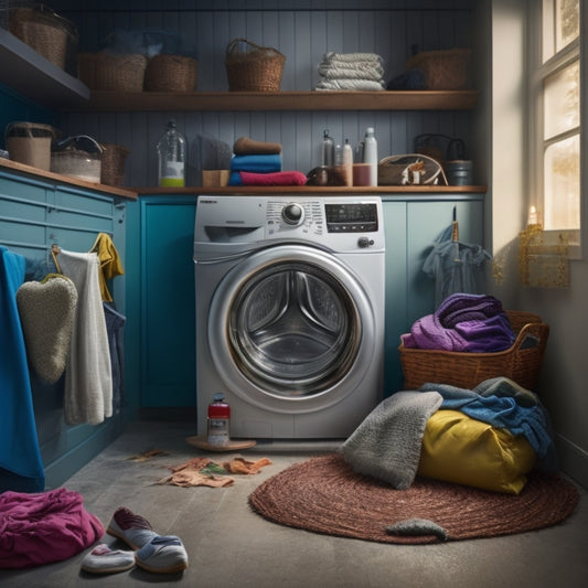 A messy laundry room with a Samsung washing machine in the center, its lid open, and water overflowing onto the floor, surrounded by soggy clothes and a tangled mess of dirty laundry.