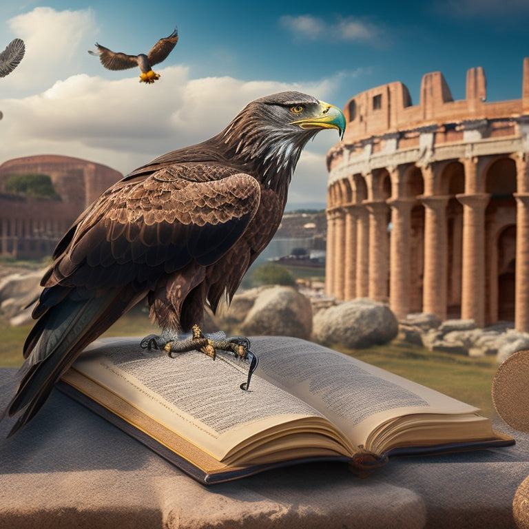 An illustration featuring a majestic eagle perched on a rusted Titanic anchor, surrounded by scattered Roman coins and a torn, vintage bird-watching journal, with the Colosseum faintly visible in the background.