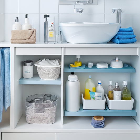 A tidy under-sink area with a slide-out drawer, 3-tiered turntable, and wall-mounted shelves, showcasing organized cleaning supplies, toiletries, and a small trash can, set against a calming white background.