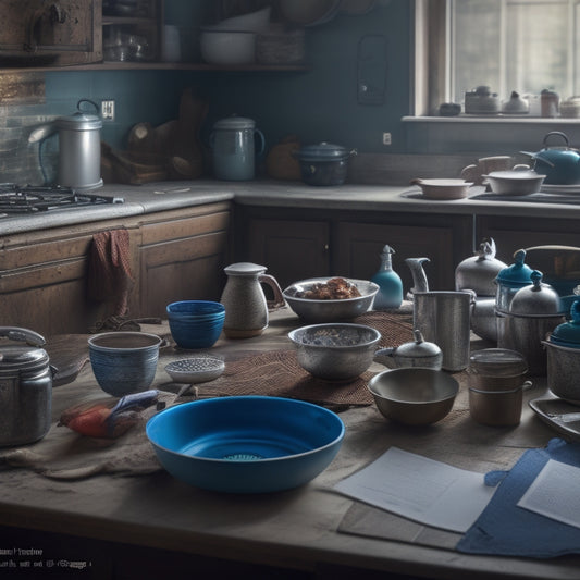 A cluttered kitchen with dirty dishes, pots, and utensils scattered across countertops, sink, and stove, with a faint outline of a calendar or planner in the background, partially obscured by the mess.