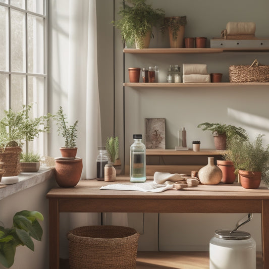A serene, organized home clinic with a natural wood desk, a tidy shelf of labeled glass jars, a comfortable examination table, and a few potted plants, bathed in soft, warm light.