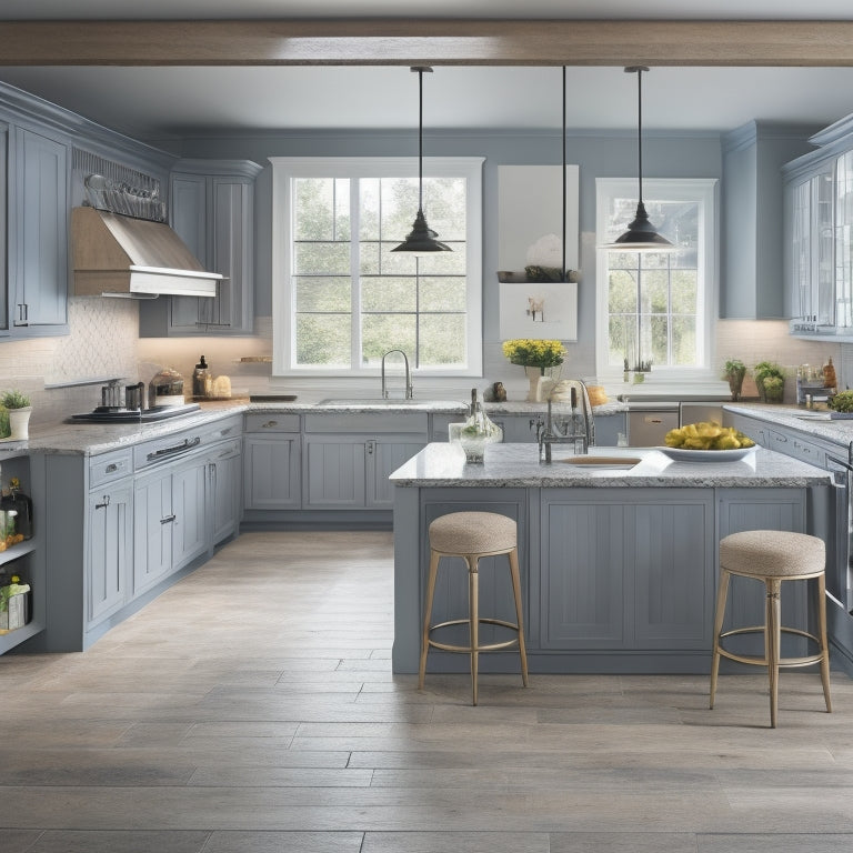 An L-shaped kitchen with a large island, featuring a left-handed workstation with a sink on the right, a cooktop on the left, and ample counter space and storage in between.