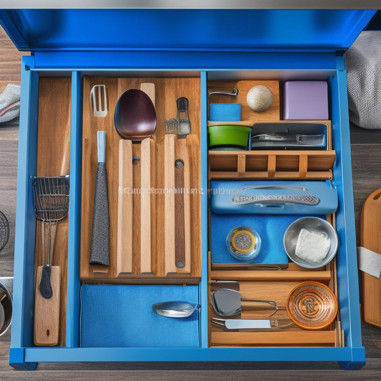 A cluttered kitchen drawer overflowing with utensils, cookware, and gadgets, contrasted with a tidy, organized drawer featuring sturdy dividers, baskets, and adjustable compartments in a modern kitchen setting.