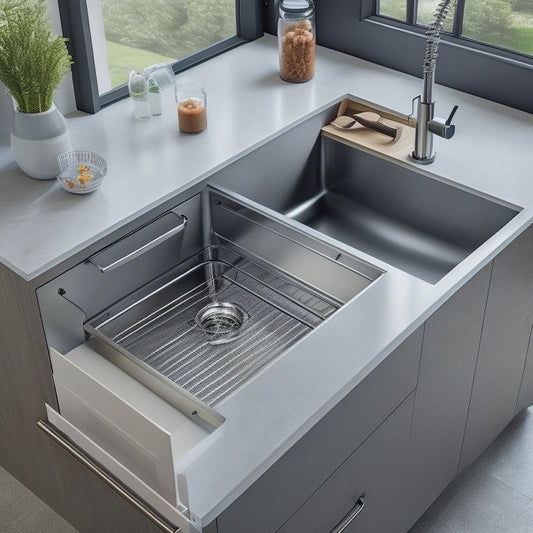 A sleek, modern kitchen sink with a built-in storage system, featuring a sliding drawer with utensil organizers, a pull-out trash can, and a built-in soap dispenser, surrounded by gleaming countertops and stainless steel appliances.