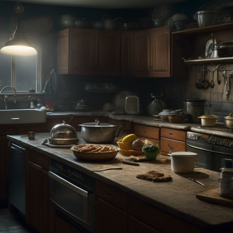 A dimly lit kitchen with cluttered countertops, stacked dirty dishes, and appliances covered in dust, surrounded by chaos, with a faint hint of messy scribbles on the walls.