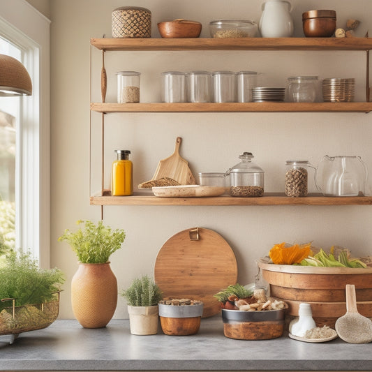 A kitchen counter with a tiered wooden cart, a hanging utensil organizer, and a wall-mounted spice rack, surrounded by clutter-free countertops and a few strategically placed decorative vases.