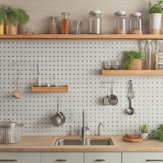 A clutter-free small kitchen with a pegboard on the wall, a spice rack on the side of a cabinet, and a utensil organizer on the countertop, surrounded by minimalistic decor.