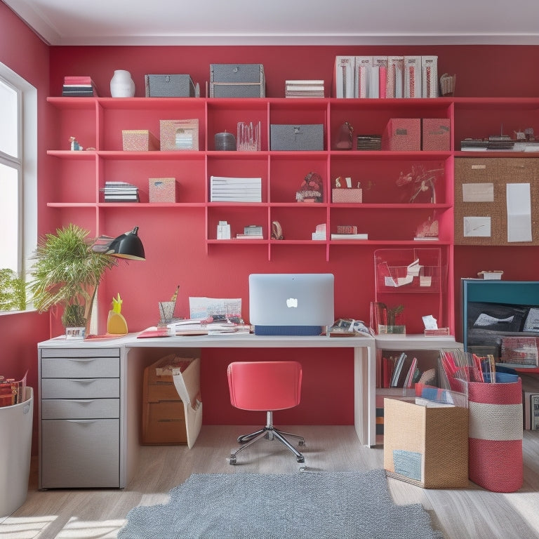 A tidy, modern home office with a desk, shelves, and storage bins, surrounded by scattered papers, pens, and office supplies, with a red "Sale" tag and a percentage sign hovering above.