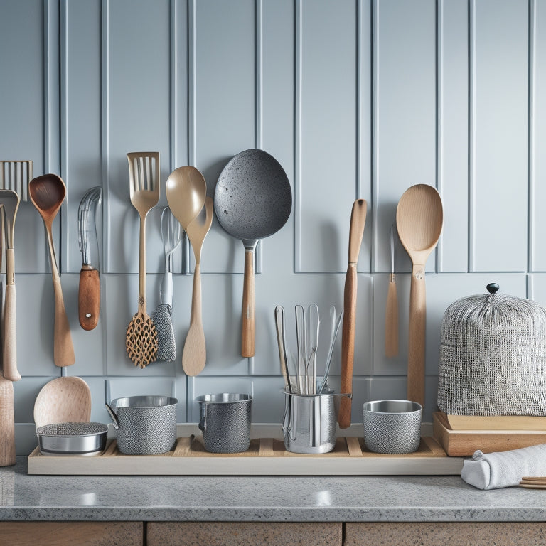 A clutter-free kitchen countertop with a wooden utensil organizer against a light gray wall, holding a dozen silver and wooden spoons, spatulas, and whisks, arranged in neat, vertical rows.