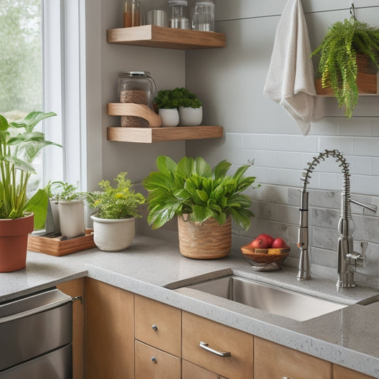 A clutter-free kitchen sink area with a stainless steel sink, a soap dispenser, and a modern faucet, surrounded by organized storage bins, a wooden utensil holder, and a small potted plant.