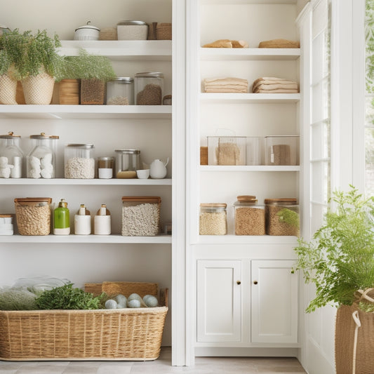 A bright, airy pantry with sleek, white shelves and minimalist bins, filled with neatly stacked, labeled jars and baskets, amidst a calming greenery backdrop, illuminated by soft, natural light.