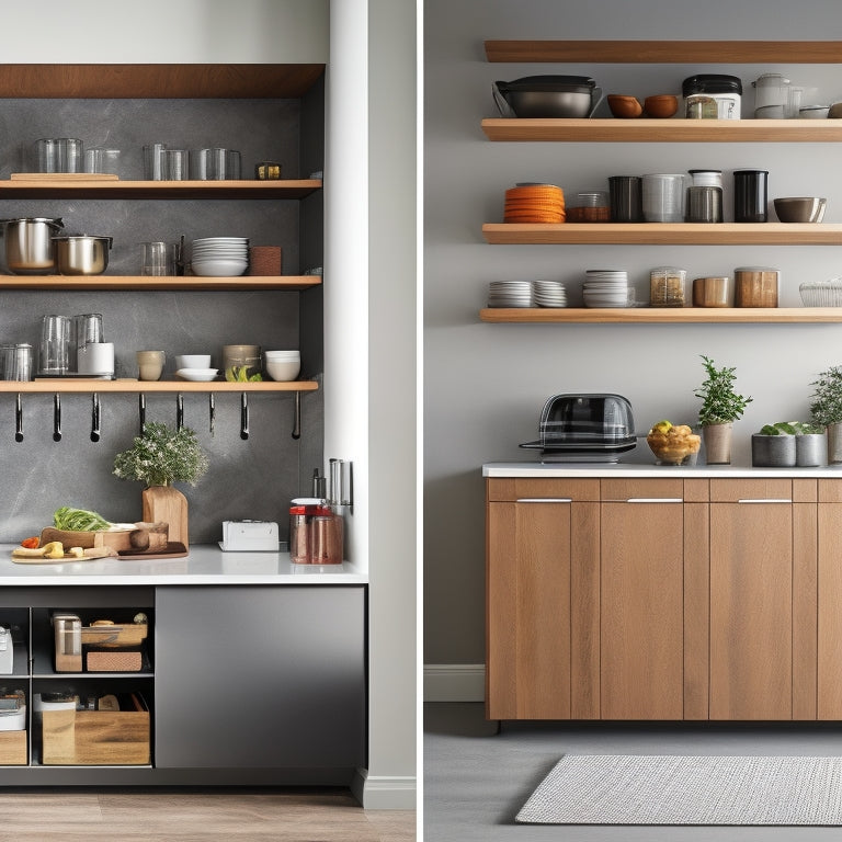 A modern kitchen with sleek, minimalist cabinets, featuring a pull-out spice rack, a retractable knife block, and a hidden trash can, with a few cookbooks and utensils artfully arranged on the countertops.