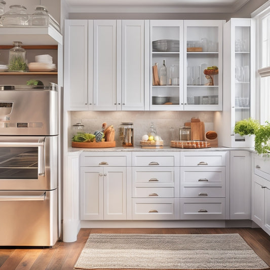 A modern kitchen with sleek, white cabinets and stainless steel appliances, featuring a corner shelf organizer system with multiple tiered baskets and a rotating carousel, maximizing storage space.