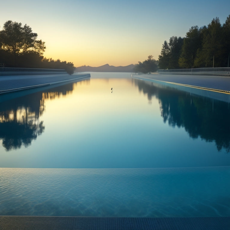 A serene outdoor pool scene at dawn, with gentle ripples on the water's surface, a few lanes marked with floating dividers, and a single swimmer in the distance, arms outstretched in a freestyle stroke.