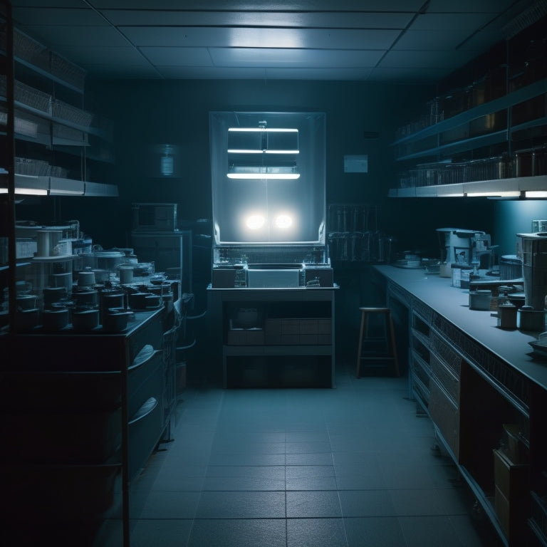 A dimly lit darkroom with a single, soft-glowing safelight, surrounded by rows of developing trays, timers, and chemicals, with a majestic photographic print emerging from a wash tray.