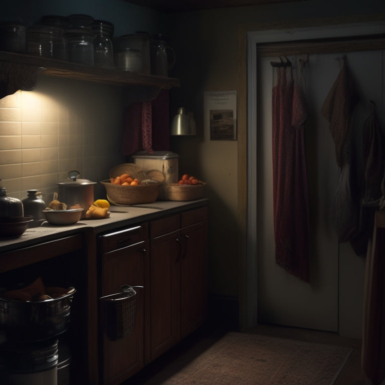 A dimly lit kitchen with a partially open cabinet door, revealing a cluttered interior with expired food, dusty containers, and mysterious shadows, illuminated by a single, faint light source.