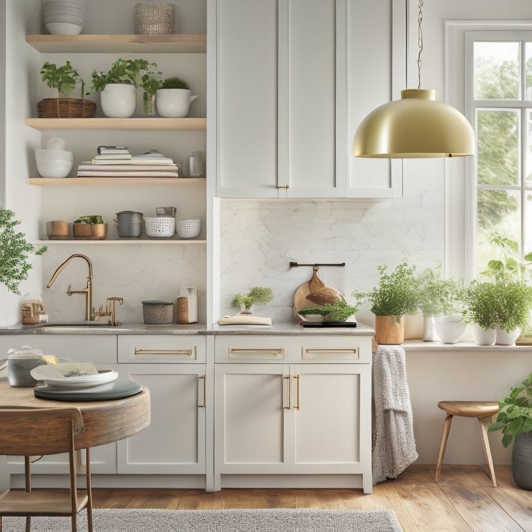 A serene kitchen with soft, warm lighting, featuring a minimalist island with a few, carefully selected cookbooks, a small potted herb plant, and a tidy utensil organizer against a clean, white backdrop.