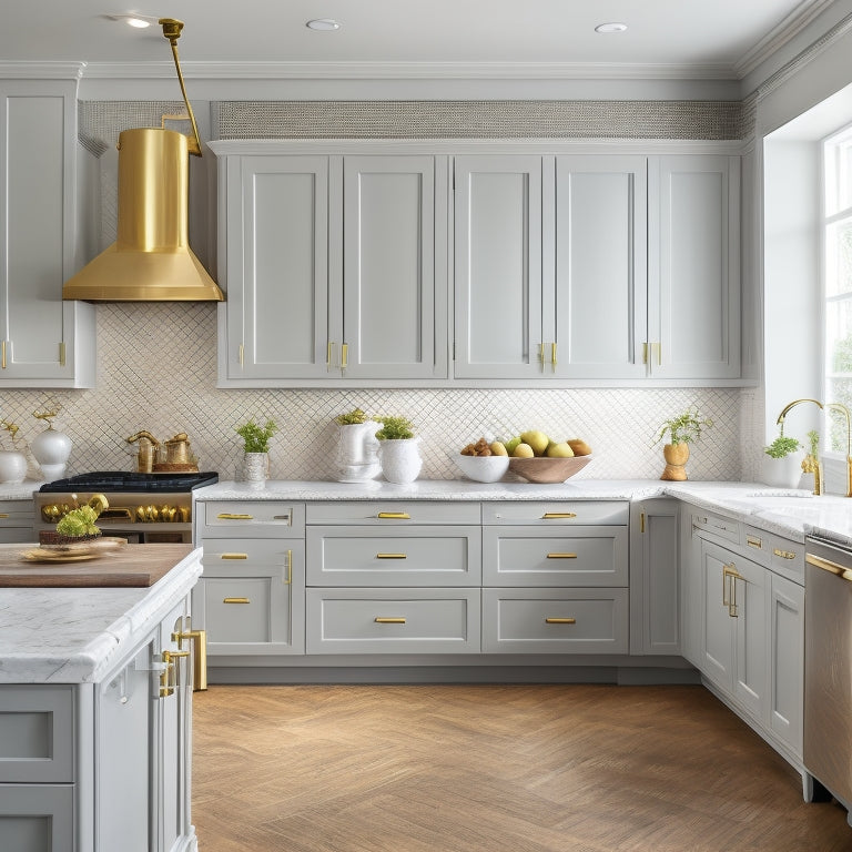 An airy, light-filled kitchen with sleek, refinished cabinets in a soft gray hue, adorned with ornate gold hardware, set against a crisp white backsplash and rich hardwood floors.